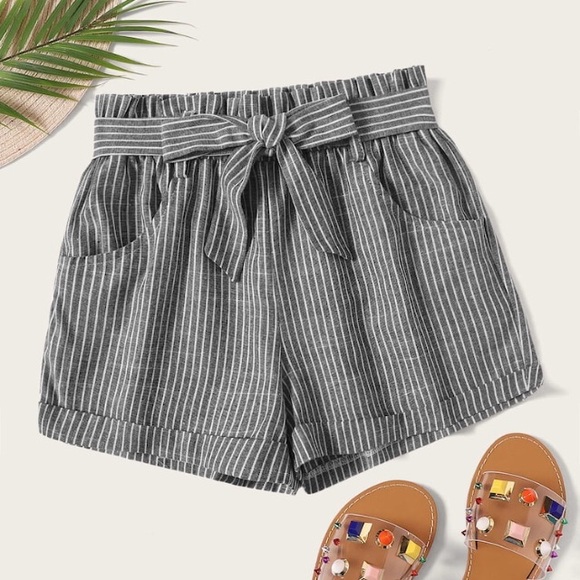 striped self tie waist shorts
